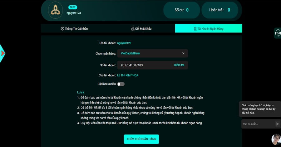 Thêm tài khoản ngân hàng tại 8DAY